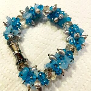 New, Aquamarine Crystal/Grey Pearl Bracelet